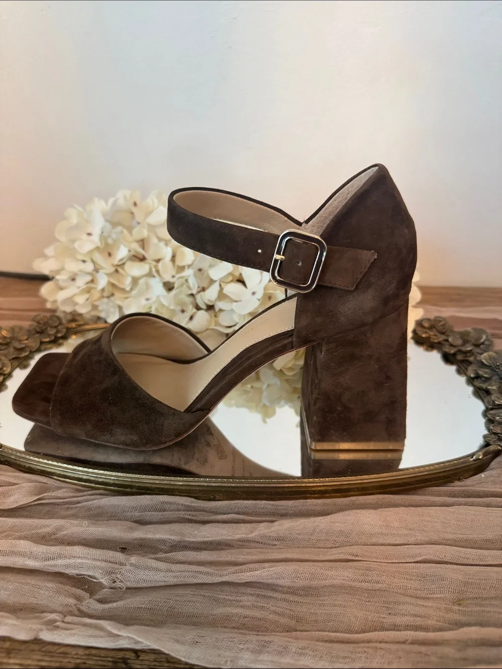 Antonio Melani Brown Suede Block Heel Sandals - Women's Ankle Strap